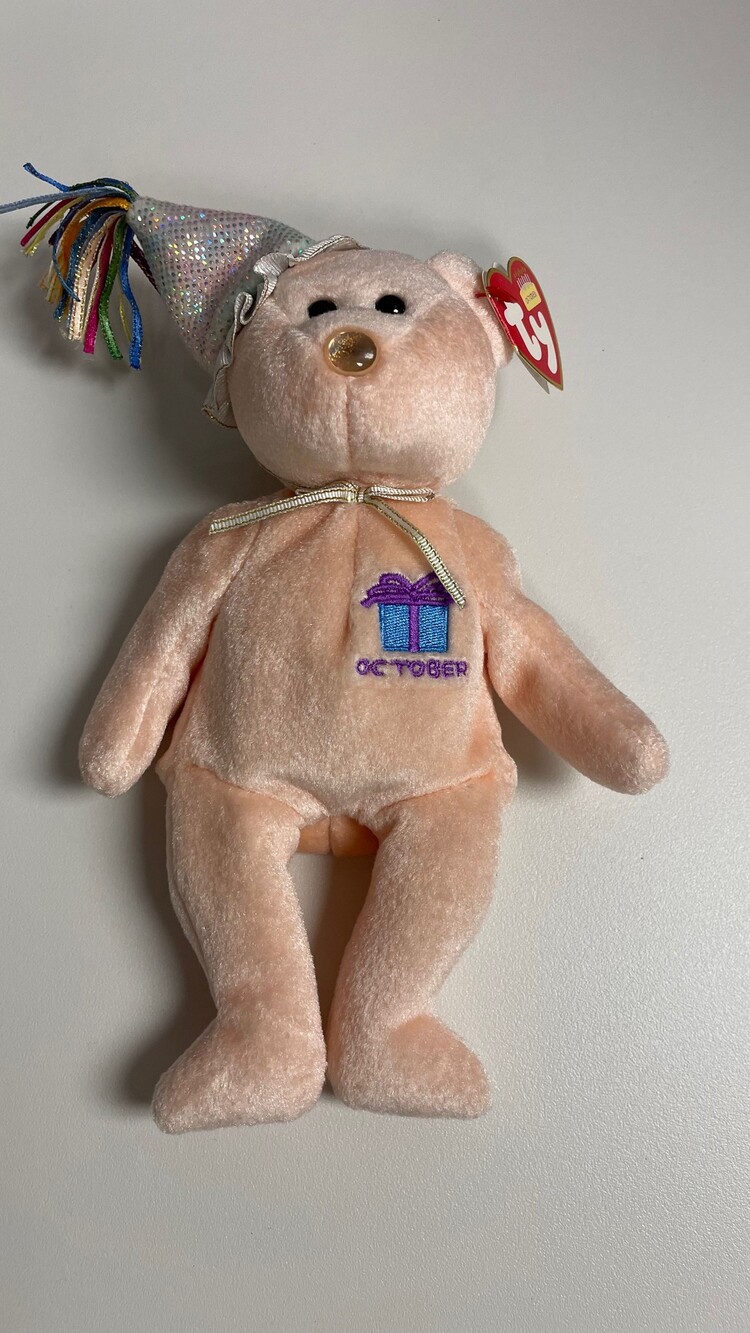 2002 Ty Beanie Baby October Birthday Bear W/Party Hat Vintage Stuffed Animal